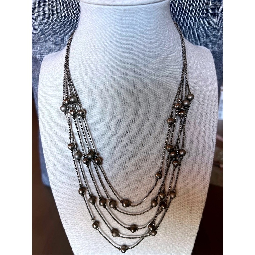 Multi-Strand Layered Necklace Silver Tone Beaded Boho Statement